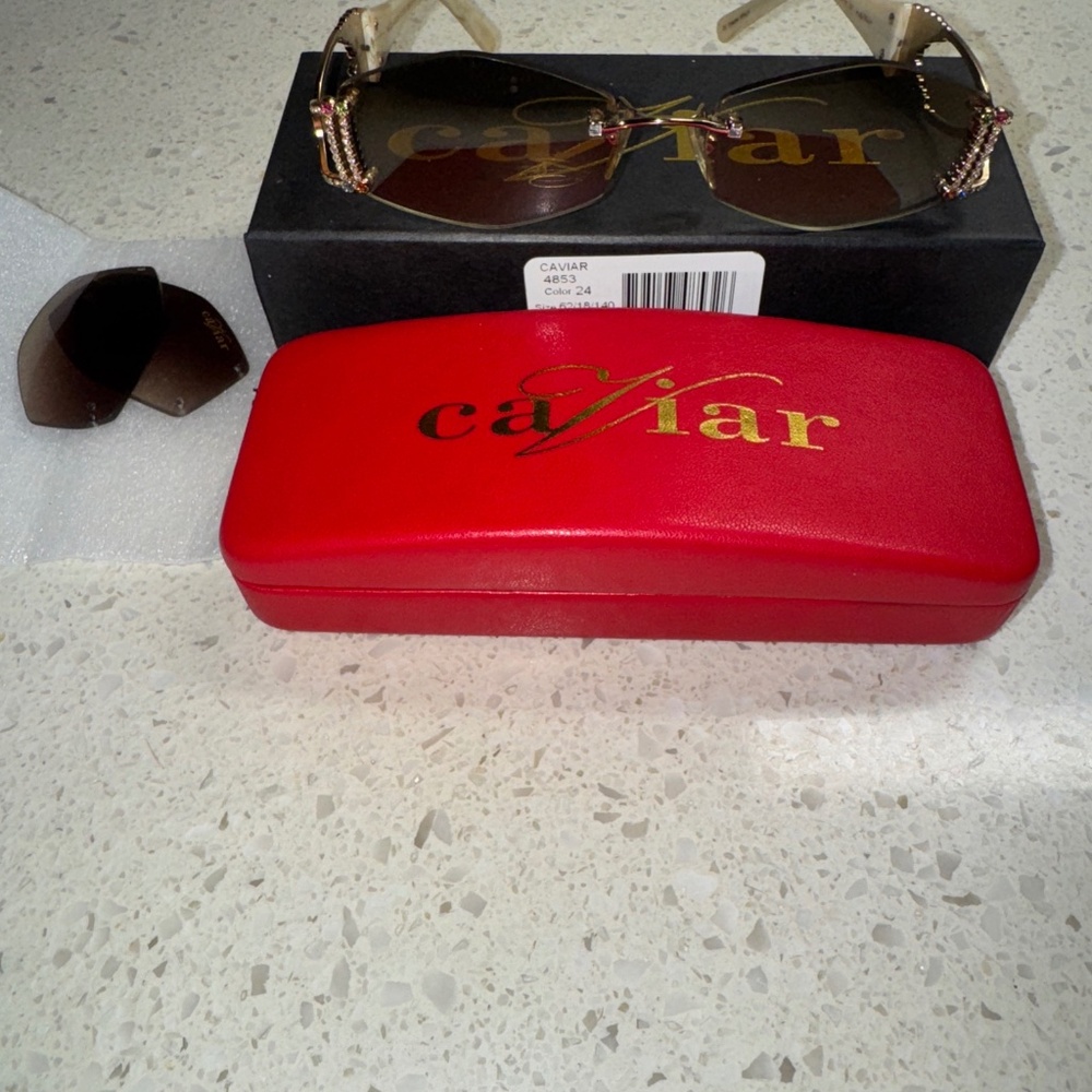 Caviar Lady’s Sunglasses with Jewel Stones White Frame 100% UV NEW with Case